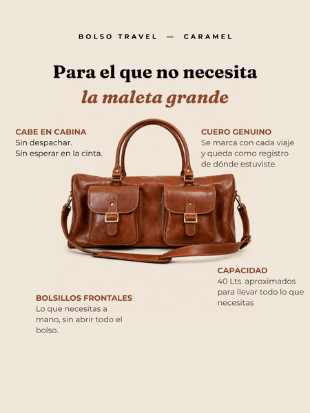 BOLSO SE VIAJE DE CUERO GENUINO TRAVEL CARAMEL