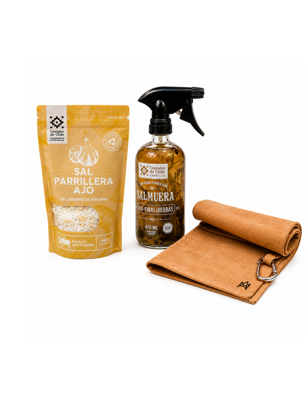 PACK PARRILLERO ESENCIAL — PAÑO DE CUERO + SALMUERA + SAL