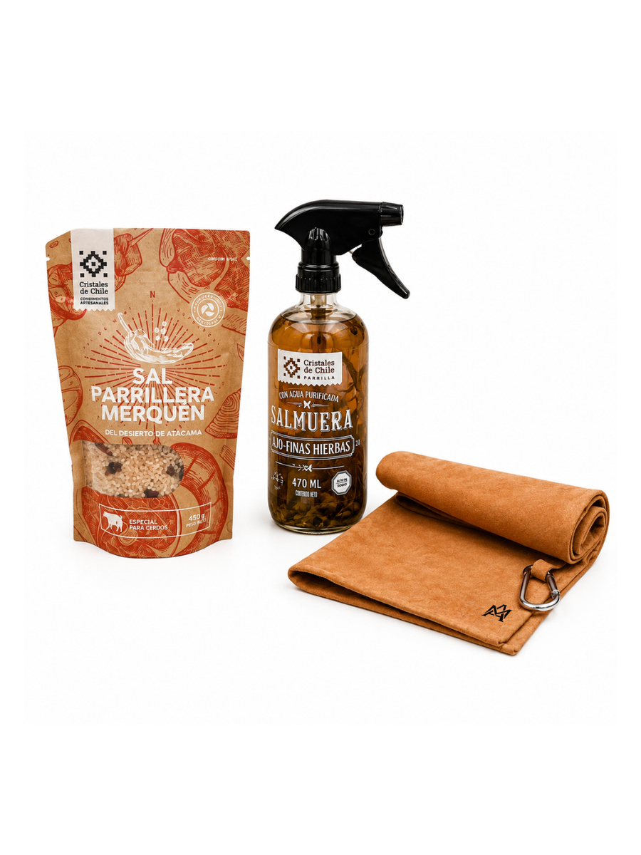 PACK PARRILLERO ESENCIAL — PAÑO DE CUERO + SALMUERA + SAL