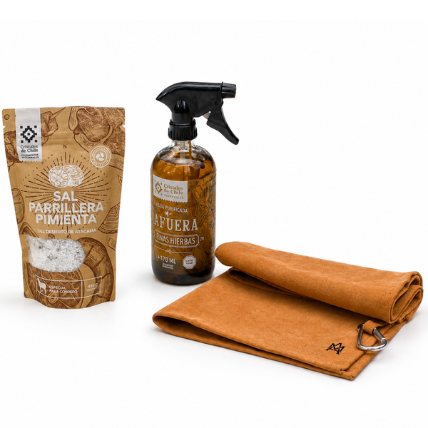 PACK PARRILLERO ESENCIAL — PAÑO DE CUERO + SALMUERA + SAL