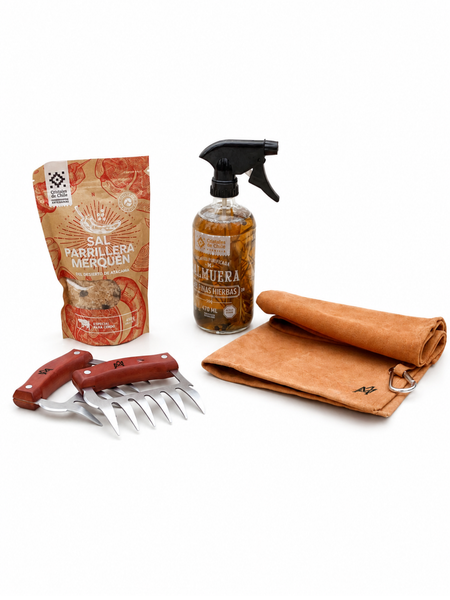 PACK PARRILLERO COMPLETO — GARRAS + PAÑO DE CUERO + SALMUERA + SAL