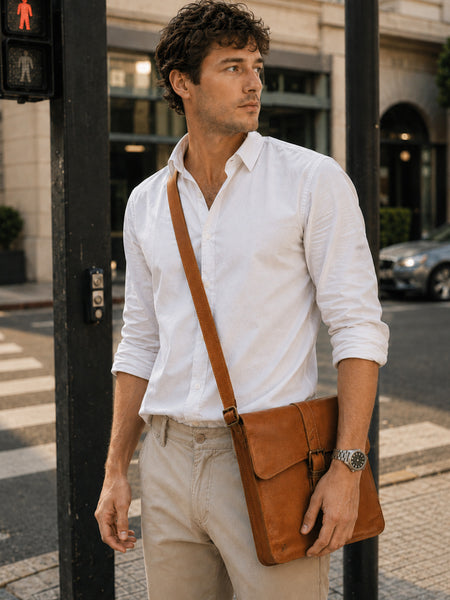 MORRAL DE CUERO GENUINO NYC CARAMEL