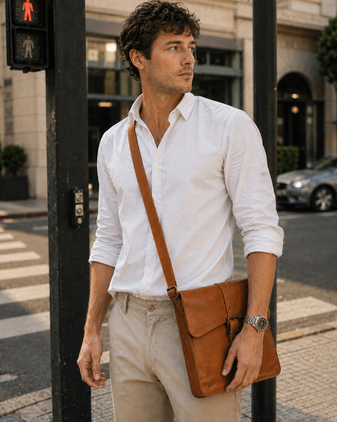 MORRAL DE CUERO GENUINO NYC CARAMEL