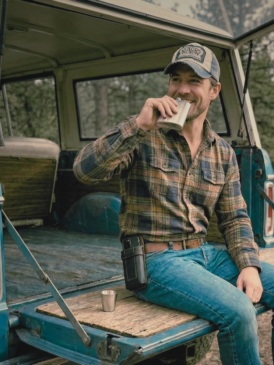 PACK GORRA RACER + PORTA CELULAR DE CUERO + PETACA ACERO INOXIDABLE