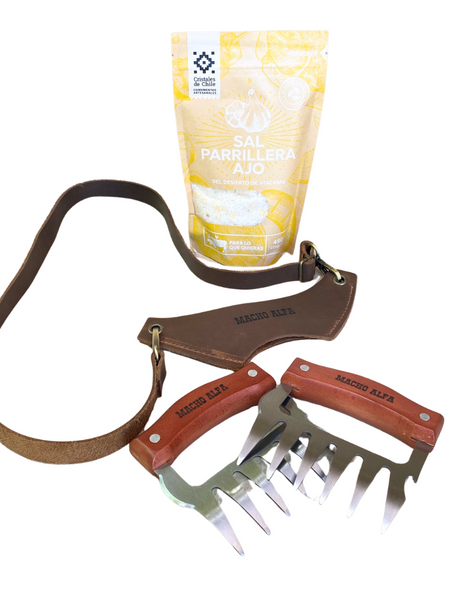 KIT PARRILLERO 4: SAL PARRILLERA, PORTACOPA Y GARRAS DE ACERO