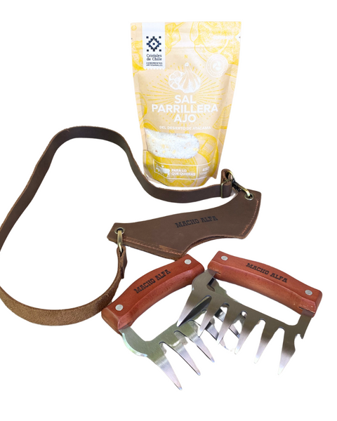 KIT PARRILLERO 4: SAL PARRILLERA, PORTACOPA Y GARRAS DE ACERO