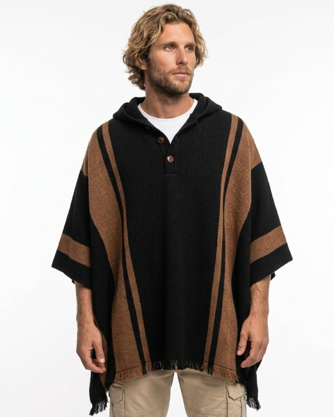 PONCHO ALPACA NEGRO-CAFÉ CON CAPUCHA