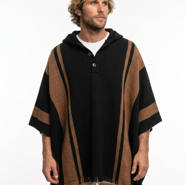 PONCHO ALPACA NEGRO-CAFÉ CON CAPUCHA