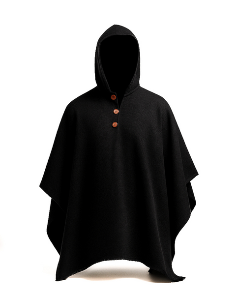 PONCHO DE LANA DE ALPACA NEGRO CON CAPUCHA